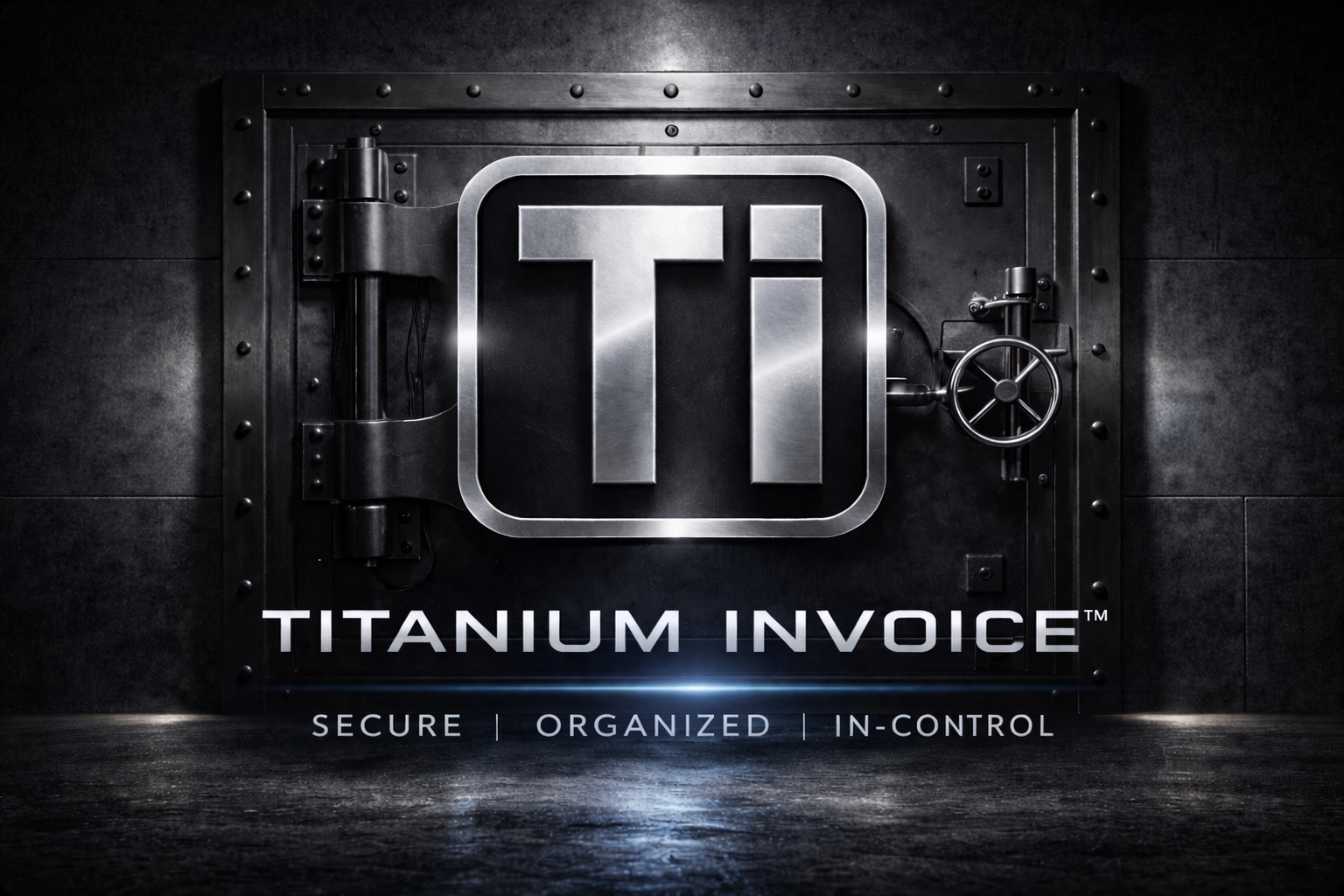 Titanium Invoice hero image showing the Titanium Invoice mark on a cinematic vault door with the tagline Secure | Organized | In-Control.